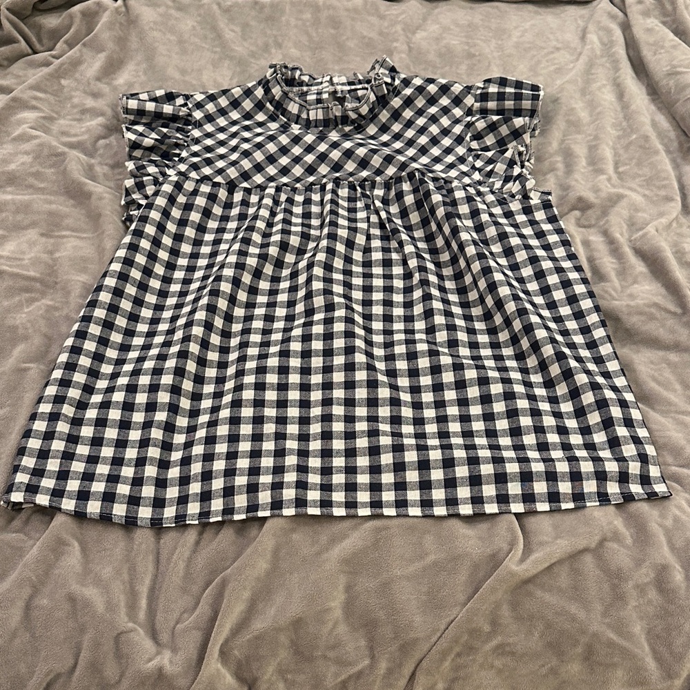 Navy White Gingham Blouse Blue Checkered Short Sleeve Top - M - Picture 2 of 3